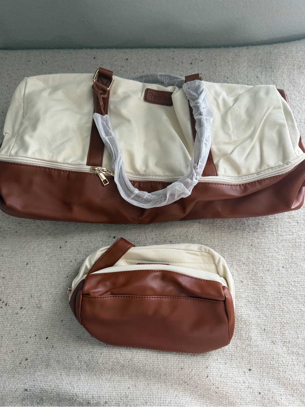 RealHer Cream Canvas Tote with Brown Leather Patch